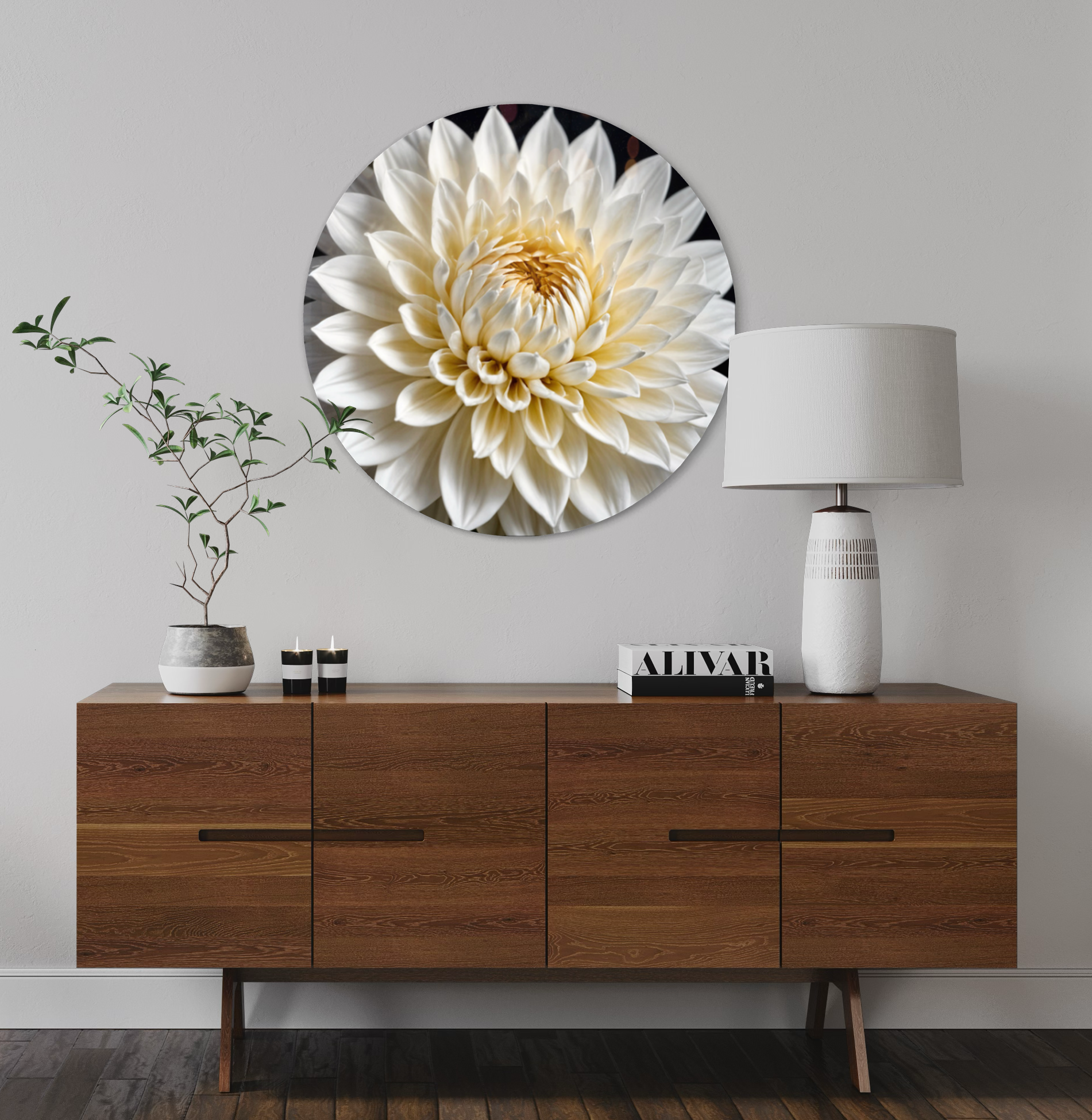Pure White Dahila Round Wall Art